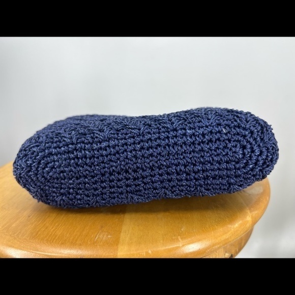 Vintage Japan boHo granny cottage core navy blue woven straw wood handle purse - Picture 4 of 11